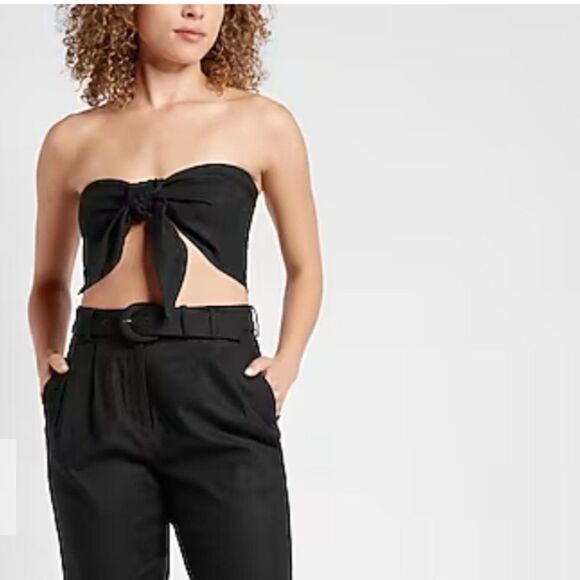 EXPRESS Linen-Blend Tie Front Bandeau Top / Crop Top in Black NWT (L + XL) - Picture 3 of 16